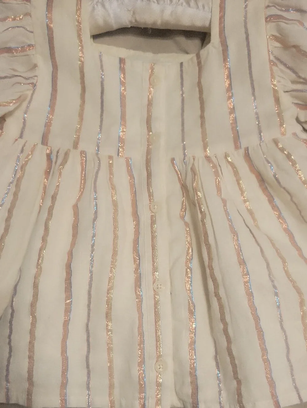 Pretty Old Navy White Flutter Sleeve Metallic Stripe Blouse
